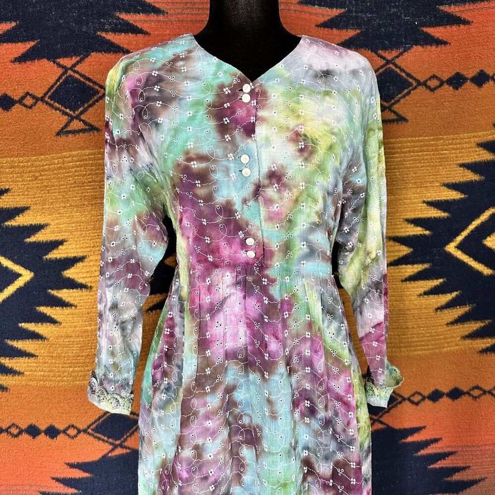 Vintage 90’s White Elegance Hand Tie Dyed OOAK Maxi Long Sleeve Dress. L. Hippie